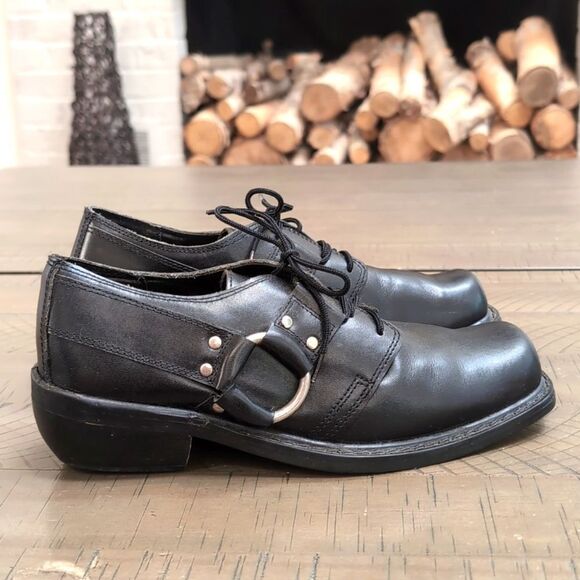 Vintage Zip Code Designer International Black Leather Harness Biker Oxfords Sz 7 - Picture 1 of 8